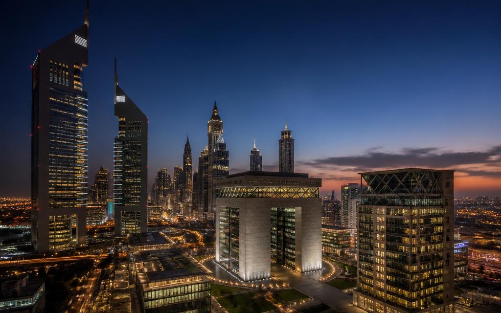 Dubai International Financial Centre skyline at dusk